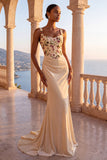 Corset fleuri au champagne sirène longue robe formelle fronceuse avec traîne ample