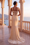 Corset fleuri au champagne sirène longue robe formelle fronceuse avec traîne ample