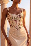Corset fleuri au champagne sirène longue robe formelle fronceuse avec traîne ample