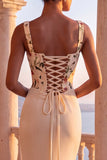 Corset fleuri au champagne sirène longue robe formelle fronceuse avec traîne ample
