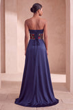 Corset bleu marine en satin fourreau fleuri sans bretelles longue robe formelle longue
