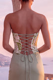 Corset fleuri vert sauge froncé à fourreau longue, longue robe formelle sans anneaux avec fente
