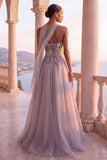Corset gris clair Organza ligne A Longue robe formelle sans bretelles avec foulard au col
