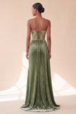 Corset vert à fourreau en velours sans bretelles en velours à flèches longues robe formelle avec serpentin latéral