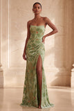 Robe formelle longue à fentes sans bustier en sirène verte avec fente