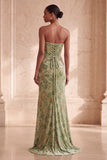 Robe formelle longue à fentes sans bustier en sirène verte avec fente