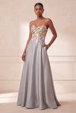 Corset gris Satin sans bretelles floraux à paillettes longues robe formelle avec poches