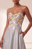 Corset gris Satin sans bretelles floraux à paillettes longues robe formelle avec poches