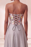 Corset gris Satin sans bretelles floraux à paillettes longues robe formelle avec poches