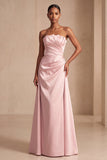 Robe formelle longue en satin rose à fronçages sans cercles