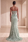 Corset vert sauge Sirène sans bretelles à plumes, robe longue de cérémonie avec nœud