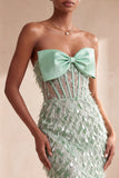 Corset vert sauge Sirène sans bretelles à plumes, robe longue de cérémonie avec nœud