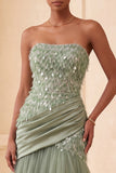 Robe formelle longue avec draps en tulle sauge vert A-line A-line sans bustier