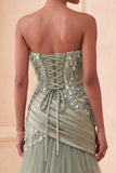 Robe formelle longue avec draps en tulle sauge vert A-line A-line sans bustier