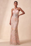 Robe longue formelle à fard à joues à blush nu, paillettes, robe longue à fleurs à motifs floraux avec broderie