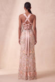 Robe longue formelle à fard à joues à blush nu, paillettes, robe longue à fleurs à motifs floraux avec broderie