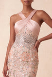 Robe longue formelle à fard à joues à blush nu, paillettes, robe longue à fleurs à motifs floraux avec broderie