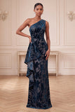 Fourreau bleu marine Longue robe formelle froncée en velours à une épaule avec volants