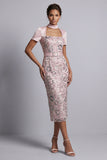 Robe midi de maman de la mariée rose pâle, col carré, manches courtes,