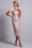 Robe midi de maman de la mariée rose pâle, col carré, manches courtes,
