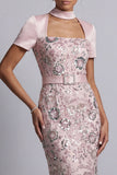 Robe midi de maman de la mariée rose pâle, col carré, manches courtes,