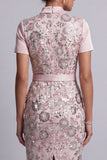 Robe midi de maman de la mariée rose pâle, col carré, manches courtes,