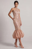 Robe de mère de mariée à poches hautes à col sirène à blush ourlet bulles Midi Mother of the Bride avec paillettes