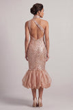 Robe de mère de mariée à poches hautes à col sirène à blush ourlet bulles Midi Mother of the Bride avec paillettes