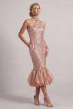 Robe de mère de mariée à poches hautes à col sirène à blush ourlet bulles Midi Mother of the Bride avec paillettes