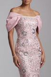 Robe midi de la mère de la mariée rose pâle à épaules décollée
