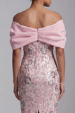 Robe midi de la mère de la mariée rose pâle à épaules décollée