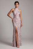 Robe longue de mère de la mariée à fourreau rose pâle, paillettes longues