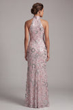 Robe longue de mère de la mariée à fourreau rose pâle, paillettes longues