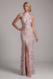 Robe longue de mère de la mariée à fourreau rose pâle, paillettes longues