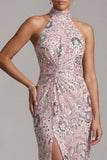 Robe longue de mère de la mariée à fourreau rose pâle, paillettes longues