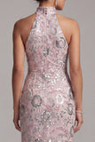 Robe longue de mère de la mariée à fourreau rose pâle, paillettes longues