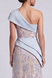 Robe de la mère de la mariée à fourreau bleu clair à fourreau bleu clair à paillettes sur une épaule