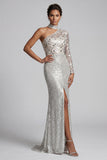Robe de la mère de la mariée à paillettes grise à fourreau gris à une épaule