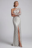 Robe de la mère de la mariée à paillettes grise à fourreau gris à une épaule