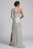Robe de la mère de la mariée à paillettes grise à fourreau gris à une épaule