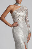 Robe de la mère de la mariée à paillettes grise à fourreau gris à une épaule