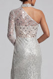 Robe de la mère de la mariée à paillettes grise à fourreau gris à une épaule