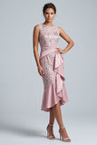 Robe midi de mère de la mariée à fourreau rose clair à col rond à volants avec paillettes