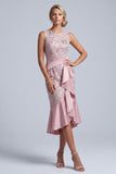 Robe midi de mère de la mariée à fourreau rose clair à col rond à volants avec paillettes