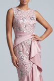Robe midi de mère de la mariée à fourreau rose clair à col rond à volants avec paillettes