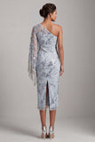 Robe de mère de la mariée à fourreau bleu clair à fourreau bleu clair brodée sur une épaule