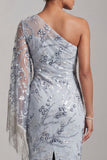Robe de mère de la mariée à fourreau bleu clair à fourreau bleu clair brodée sur une épaule