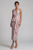 Robe midi de la mère de la mariée à dos nus rose pâle drapée midi avec perles