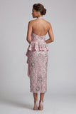 Robe midi de la mère de la mariée à dos nus rose pâle drapée midi avec perles