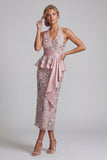 Robe midi de la mère de la mariée à dos nus rose pâle drapée midi avec perles